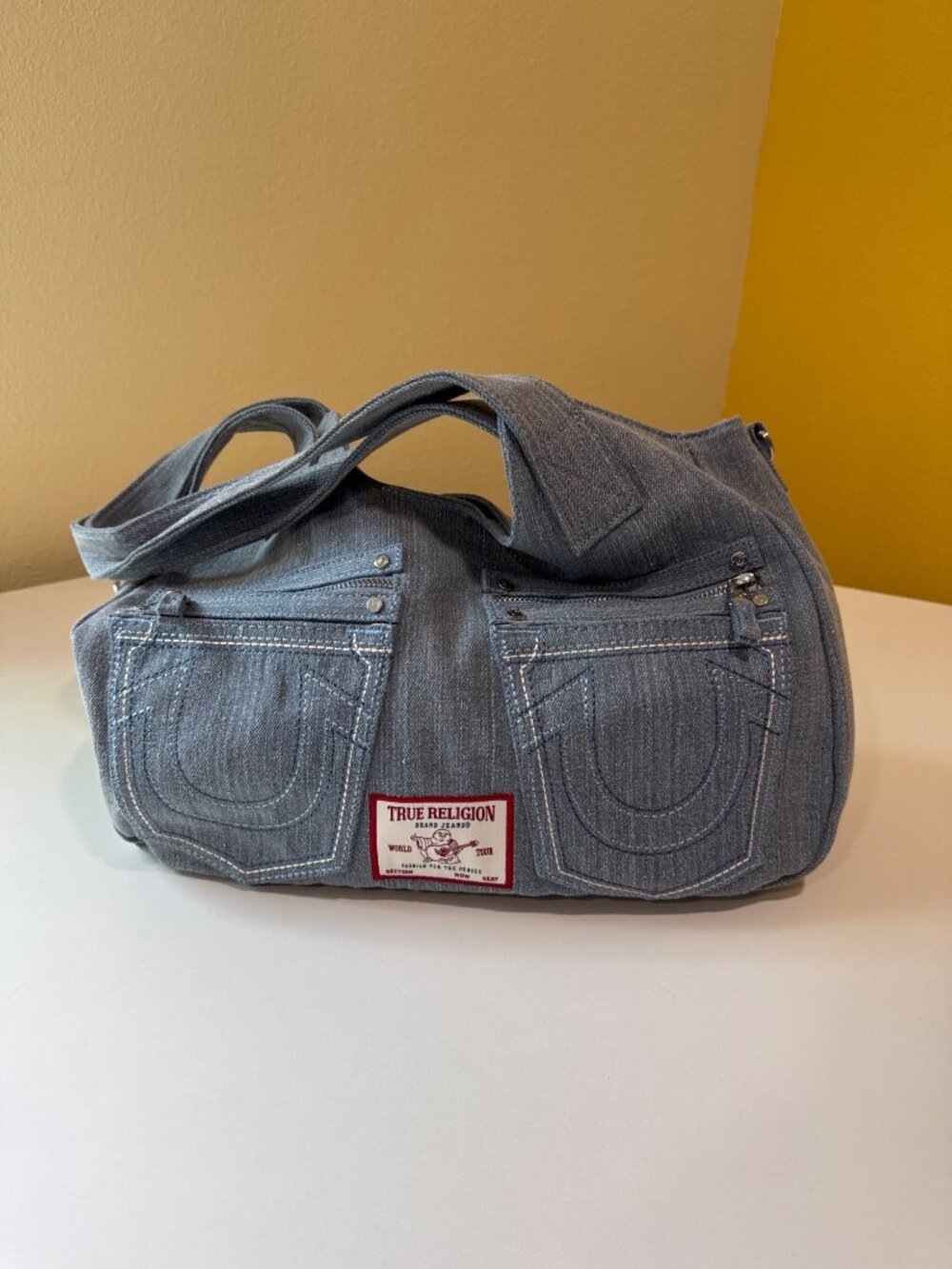 True Religion Denim Shoulder Bag With Logo & Pockets Light Wash Casual Everyday